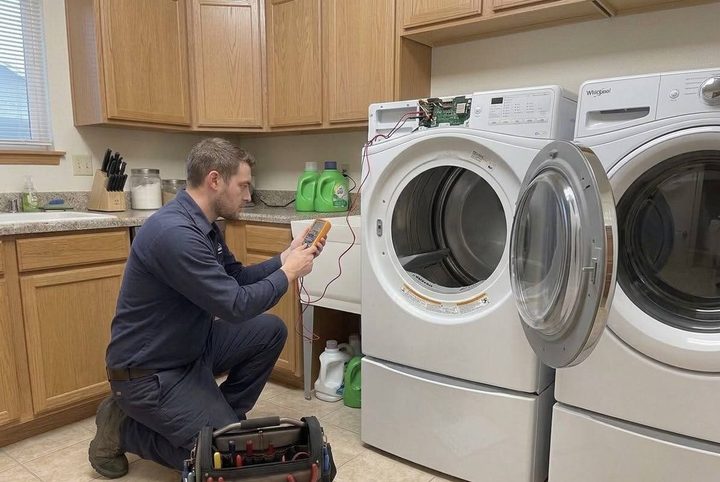 Technician metering a dryer control board in a north Bellingham laundry room