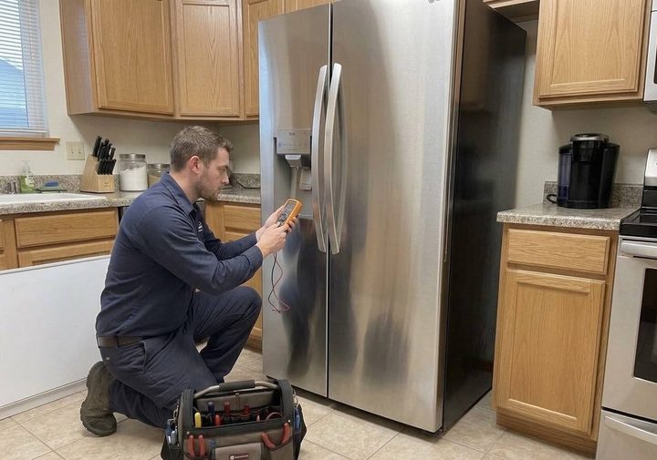 Technician taking readings on a side-by-side refrigerator in a Bellingham kitchen