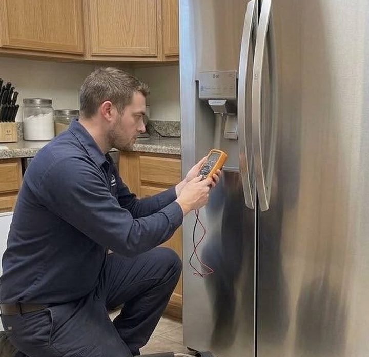 Technician measuring voltage at an in-door ice and water dispenser