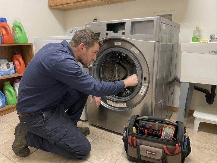Technician checking a front-load washer drum at a Bellingham home